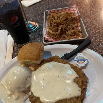 Roxy's Diner - Chicken Fried Steak with mashed potatoes and onion rings - American Near Me - Marksville, Louisiana Roxy's Diner - Chicken Fried Steak with mashed potatoes and onion rings - American Near Me - Marksville, Louisiana