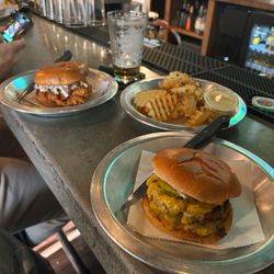 Delwood - Spicy fried chicken sandwich, waffle fries, and classic double cheeseburger