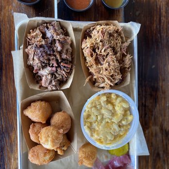 Holt Bros BBQ - Combo meal- pulled pork, brisket, mac-n-cheese, & hushpuppies - Barbeque Near Me - Florence, South Carolina Holt Bros BBQ - Combo meal- pulled pork, brisket, mac-n-cheese, & hushpuppies - Barbeque Near Me - Florence, South Carolina