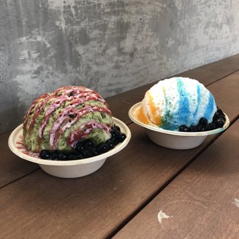 Mike's Shave Ice - Matcha strawberry on the left and a blend of 3 flavors on the right (can't remember which ones) - Shaved Ice Near Me Mike's Shave Ice - Matcha strawberry on the left and a blend of 3 flavors on the right (can't remember which ones) - Shaved Ice Near Me