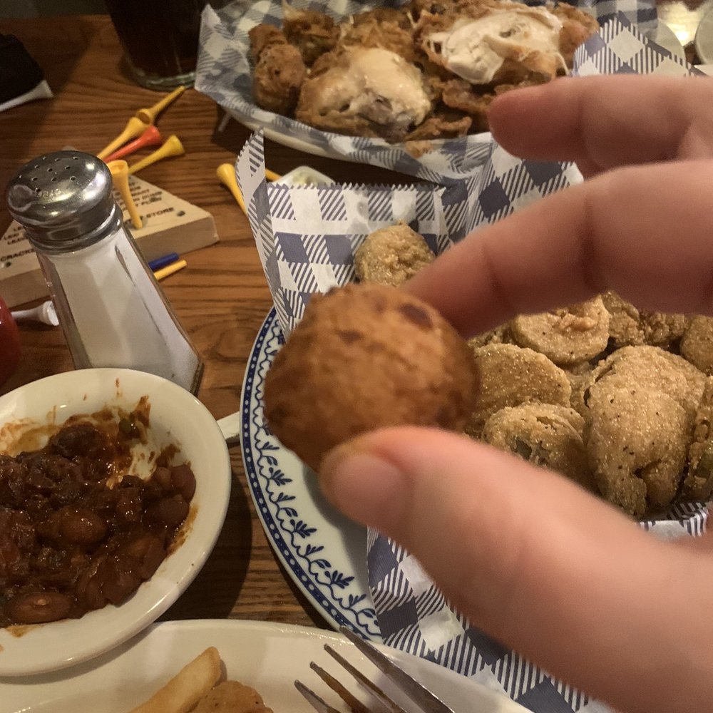 Cracker Barrel Old Country Store - Hush puppy with my sons fried chicken torn apart behind - American Near Me - Trevose, Pennsylvania Cracker Barrel Old Country Store - Hush puppy with my sons fried chicken torn apart behind - American Near Me - Trevose, Pennsylvania