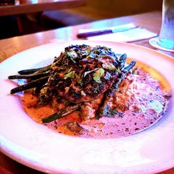 McMenamins Kalama Cove Bar - Amazing Salisbury Steak on mashed potatoes, topped with fresh cooked green beans, fresh mushrooms, cilantro & a delicious sauce.