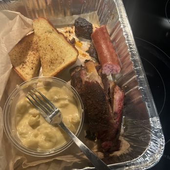 Trax BBQ - What's left of the burnt ends. Ribs sausage mac & cheese. - Barbeque Near Me - McCordsville, Indiana