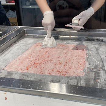 Rolled Ice Cream - Strawberry cheesecake- prepping - Ice Cream & Frozen Yogurt Near Me - Las Vegas, Nevada Rolled Ice Cream - Strawberry cheesecake- prepping - Ice Cream & Frozen Yogurt Near Me - Las Vegas, Nevada