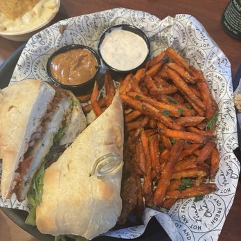 Maria's Bistro - Grouper sandwich, carrot fries, hot honey citrus sauce (left), circus tartar sauce (right) - Seafood Near Me - Louisville, Tennessee Maria's Bistro - Grouper sandwich, carrot fries, hot honey citrus sauce (left), circus tartar sauce (right) - Seafood Near Me - Louisville, Tennessee