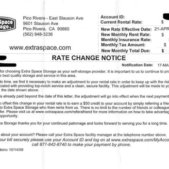 Extra Space Storage - 12 month rate increase letter. - Self Storage Near Me - Pico Rivera, California Extra Space Storage - 12 month rate increase letter. - Self Storage Near Me - Pico Rivera, California