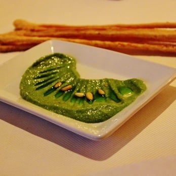 Scampo - Basil/Pesto Dip with Pine Nuts and Bread Sticks. This was a good complimentary starter that set the pace for the rest of dinner! - Italian Near Me - Boston, Massachusetts Scampo - Basil/Pesto Dip with Pine Nuts and Bread Sticks. This was a good complimentary starter that set the pace for the rest of dinner! - Italian Near Me - Boston, Massachusetts