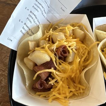 Tin Roof Tacos - Bacon egg and cheese taco with potato added - Tacos Near Me - Meridian, Idaho Tin Roof Tacos - Bacon egg and cheese taco with potato added - Tacos Near Me - Meridian, Idaho