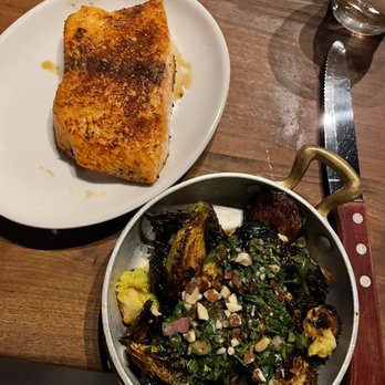 Eureka! - Blackened Salmon, Crispy Glazed Brussels Sprouts - American Near Me - Austin, Texas Eureka! - Blackened Salmon, Crispy Glazed Brussels Sprouts - American Near Me - Austin, Texas
