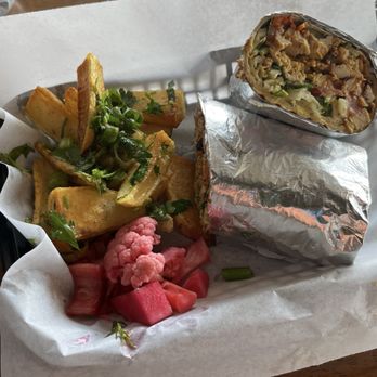 A&V Grill Kitchen - Chicken wrap w pickles veggies and roasted potatos - Mediterranean Near Me - Sherman Oaks , California