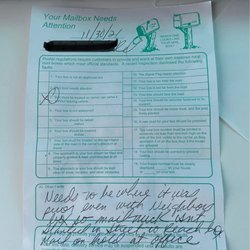 US Post Office - Mailman's note delivered in my mailbox that is not accessible.