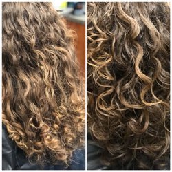 Before and after of a Deva curl haircut. Enhances curl definition.