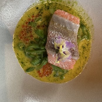 The Elderberry House - Poached steelhead trout with lemon thyme nage, pea, roe - French Near Me - Oakhurst, California The Elderberry House - Poached steelhead trout with lemon thyme nage, pea, roe - French Near Me - Oakhurst, California
