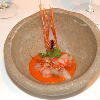 El Celler de Can Roca - Prawn marinated with rice vinegar with prawn's head sauce, crispy prawn legs, seaweed veloute, and phytoplankton - Spanish Near Me - Girona, GI
