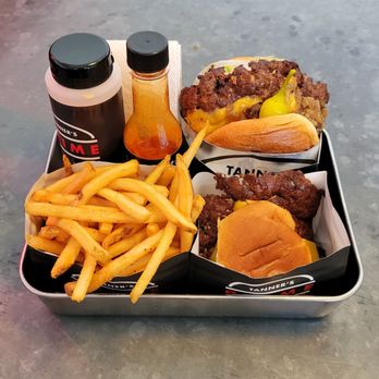 Tanner’s Prime Burgers - Top Right: KIDS PRIME SLIDER, Front: TANNER'S PRIME BURGER (DOUBLE), Left: TALLOW FRIES - Burgers Near Me - Oceanside, California