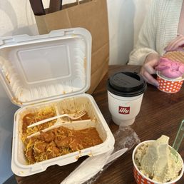 The butter chicken I brought because I was starving. The pistachio gelato and caramel latte were just as delicious. She got dragon fruit. The butter chicken I brought because I was starving. The pistachio gelato and caramel latte were just as delicious. She got dragon fruit.