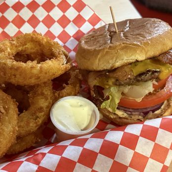 Juicy Burger - Bacon cheese burger with onion rings - Burgers Near Me - Bakersfield, California