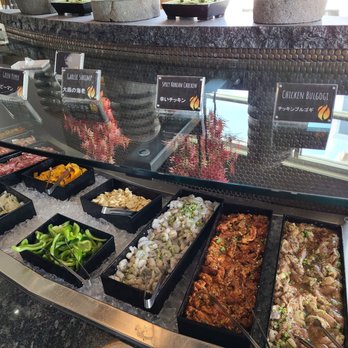 Umami Japanese Barbeque - (Right to left) Chicken Bulgogi, Spicy Korean chicken, Garlic shrimp, garlic, green pepper. - Japanese Near Me - Vineyard, Utah