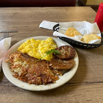 Skillet N Grill - Two Egg Breakfast with hashbrowns, sausage,and biscuits. - Breakfast & Brunch Near Me - Arlington, Texas Skillet N Grill - Two Egg Breakfast with hashbrowns, sausage,and biscuits. - Breakfast & Brunch Near Me - Arlington, Texas