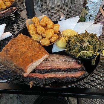 Nickel's Pit BBQ - Brisket and ribs combo (with tots, southern greens, and corn bread) - Barbeque Near Me - Watkins Glen, New York