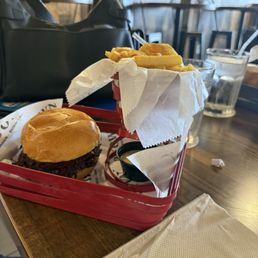 Double smash burger, and onion rings