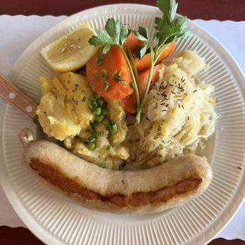 Dutch Garden Restaurant - Bratwurst, Saurkraut, warm Potato Salad with Carrots and Peas. - German Near Me - Santa Barbara, California
