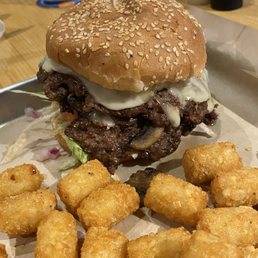 Mushroom-Swiss Smash Burger with the best Tater-Tots! Mushroom-Swiss Smash Burger with the best Tater-Tots!