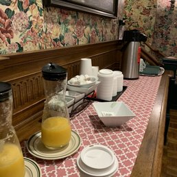 Coffee, orange juice, tea offered Coffee, orange juice, tea offered