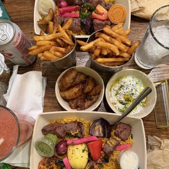 MAZRA - Double Kebab Plate Filet Mignon Kebab Shrimp Kebab Garlic Potatoes Tzatziki Dip - Mediterranean Near Me - Redwood City, California MAZRA - Double Kebab Plate Filet Mignon Kebab Shrimp Kebab Garlic Potatoes Tzatziki Dip - Mediterranean Near Me - Redwood City, California
