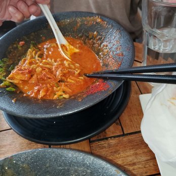 Menya Shono - So thick when I push down with a spoon the broth doesn't level out - Ramen Near Me - San Rafael, California Menya Shono - So thick when I push down with a spoon the broth doesn't level out - Ramen Near Me - San Rafael, California
