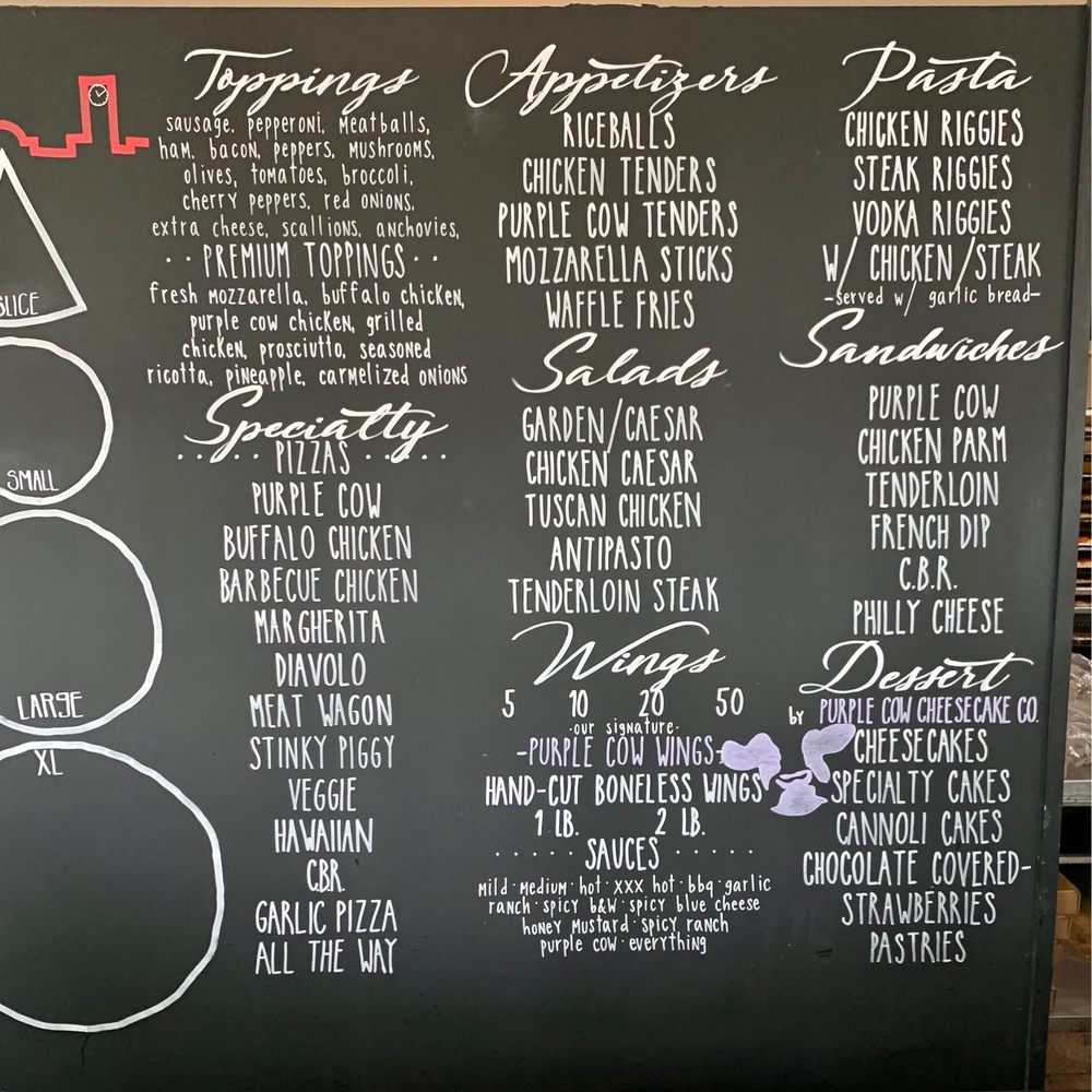 Slice Pizzeria - a menu on a blackboard - Pizza Near Me - Utica, New York