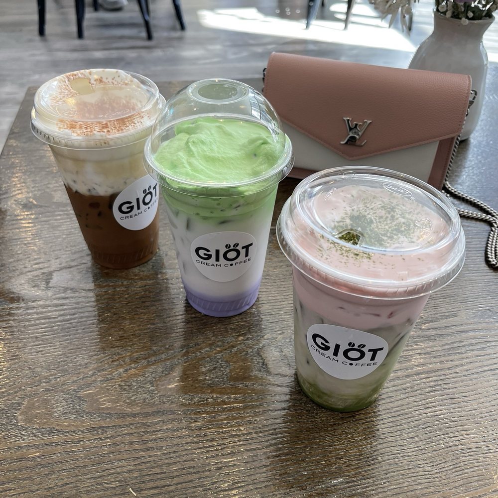 Salted Vietnamese iced coffee, Ube pandan latte, and Sakura strawberry matcha Salted Vietnamese iced coffee, Ube pandan latte, and Sakura strawberry matcha