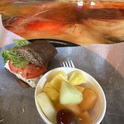 Maddi Mae’s Cafe - Chicken salad on honey wheat bun with fresh fruit salad. Yum!