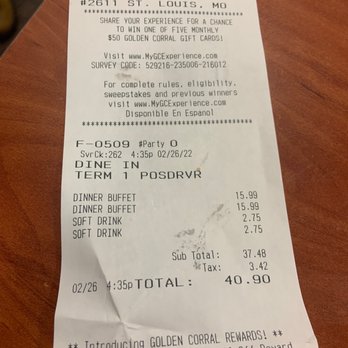 Golden Corral Buffet & Grill - Receipt - Buffets Near Me - St. Louis, Missouri Golden Corral Buffet & Grill - Receipt - Buffets Near Me - St. Louis, Missouri