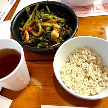 Hangari Kalgooksu - Barley rice and YulMoo (radish greens) kimchi comes complimentary to have together as an appetizer. Roasted barley tea. 5* - Korean Near Me - Garden Grove, California Hangari Kalgooksu - Barley rice and YulMoo (radish greens) kimchi comes complimentary to have together as an appetizer. Roasted barley tea. 5* - Korean Near Me - Garden Grove, California