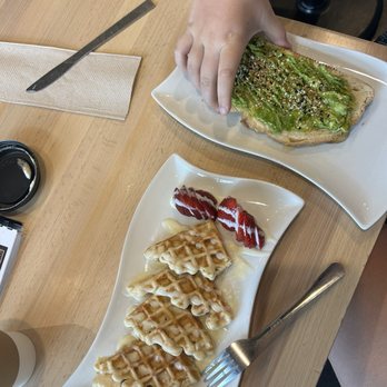 Social Coffee and Bakery - Our order of the waffles and avocado toast. Both were just ok. - Coffee & Tea Near Me - Orem, Utah
