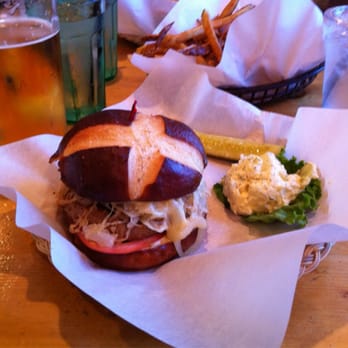 Gustav's - Bratwurst burger with side potato salad. $11.25 - German Near Me - Leavenworth, Washington Gustav's - Bratwurst burger with side potato salad. $11.25 - German Near Me - Leavenworth, Washington