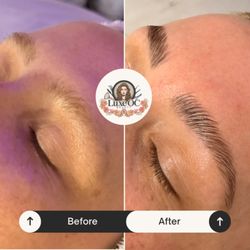 Luxe Oc Beauty - Brow lamination with light brown tint, keratin treatment and threading done to shape.