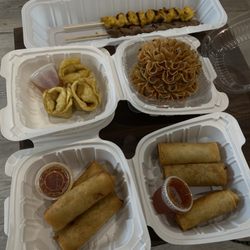 Pork/chicken egg roll, lotus cookie, rangoons, skewers chicken/pork