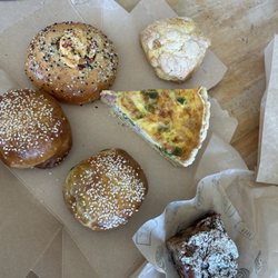 Favorites were the mango scone and red pepper everything bagel bun
