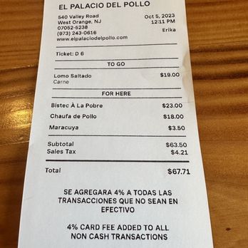El Palacio Del Pollo - My receipt - Peruvian Near Me - West Orange, New Jersey