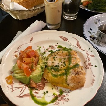 Fontaine - Pan seared salmon w/side of avocado & tomatoe salad & iced chai latte - Creperies Near Me - Alexandria, Virginia Fontaine - Pan seared salmon w/side of avocado & tomatoe salad & iced chai latte - Creperies Near Me - Alexandria, Virginia