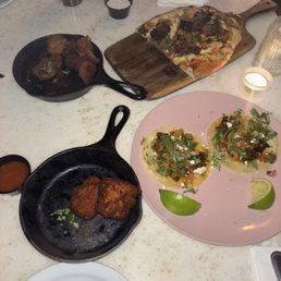 Fried pickles, Hawaiian Brisket Flatbread, The Six Mac N Cheese Fritters, Brisket Al Pastor tacos