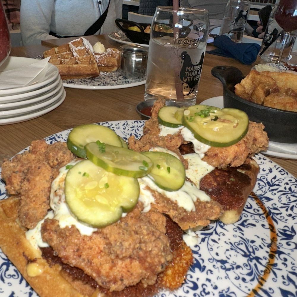 Tupelo Honey Southern Kitchen & Bar - Mac & Cheese Waffle with Asheville Hot Fried Chicken* - Southern Near Me - Upper Arlington, Ohio Tupelo Honey Southern Kitchen & Bar - Mac & Cheese Waffle with Asheville Hot Fried Chicken* - Southern Near Me - Upper Arlington, Ohio