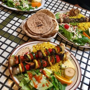 La Mediterranee - Chicken Pom left, lamb kabob and vegan/gluten free kabob plate. Colors are so beautiful! - Mediterranean Near Me - Berkeley, California
