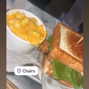 Chairs - Chicken tender sandwich on toasted bread and side of Mac and cheese - Bars Near Me - East Point, Georgia Chairs - Chicken tender sandwich on toasted bread and side of Mac and cheese - Bars Near Me - East Point, Georgia