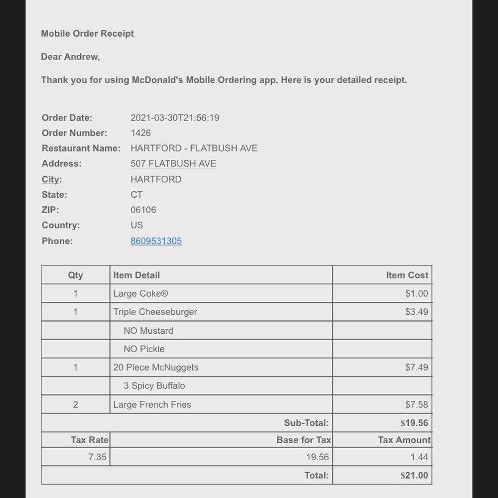 McDonald's - this is the receipt they sent me after they overcharged me by not applying the coupon. - Fast Food Near Me - Hartford, Connecticut McDonald's - this is the receipt they sent me after they overcharged me by not applying the coupon. - Fast Food Near Me - Hartford, Connecticut