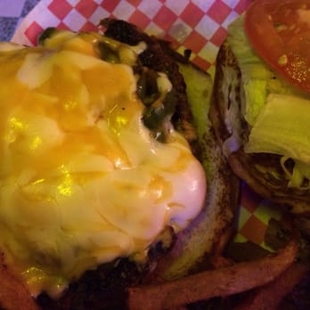 Coyote Bluff Cafe - 'Burger from hell'. Mounds of super spicy jalapeños under that cheese - Burgers Near Me - Amarillo, Texas