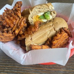 Cheese and veggie sandwich on wheat with sweet potato waffle fries Cheese and veggie sandwich on wheat with sweet potato waffle fries