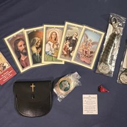 Sacred Heart Gifts and Apparel - prayer cards, Holy Hooks key chains, case and holder for Eucharistic minister, and a charm with the explanation card.